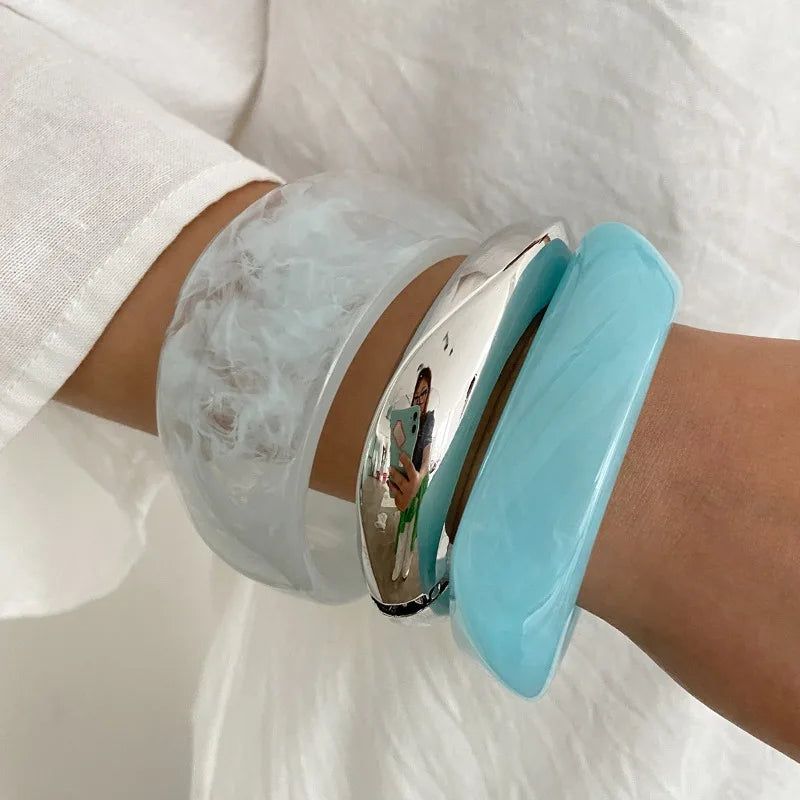 Bracelets en résine acrylique pour femmes, gelée bleu blanc, géométrique, carré, rond, large, bijoux à la mode