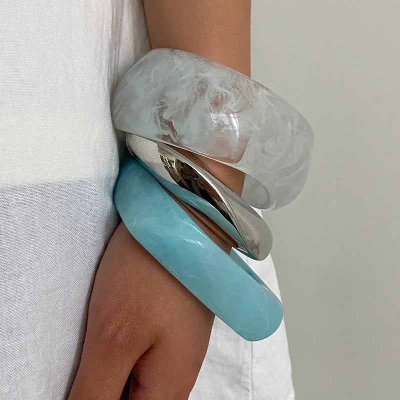 Bracelets en résine acrylique pour femmes, gelée bleu blanc, géométrique, carré, rond, large, bijoux à la mode