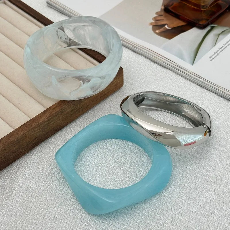Bracelets en résine acrylique pour femmes, gelée bleu blanc, géométrique, carré, rond, large, bijoux à la mode